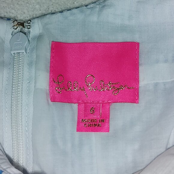 LILLY PULITZER TESSA DRESS SEERSUCKER STRIPE BLUE-WHT-LACE TRIM-TIE STRAPS SZ 6 - Picture 4 of 11